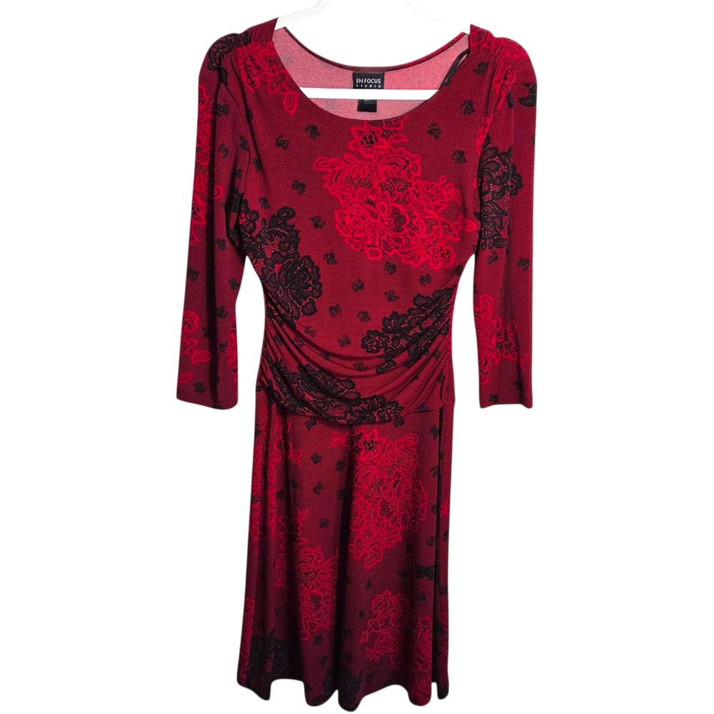 Enfocus Studio Red Black Floral Soft Stretch 3/4 Sleeve Midi Dress Size 4
